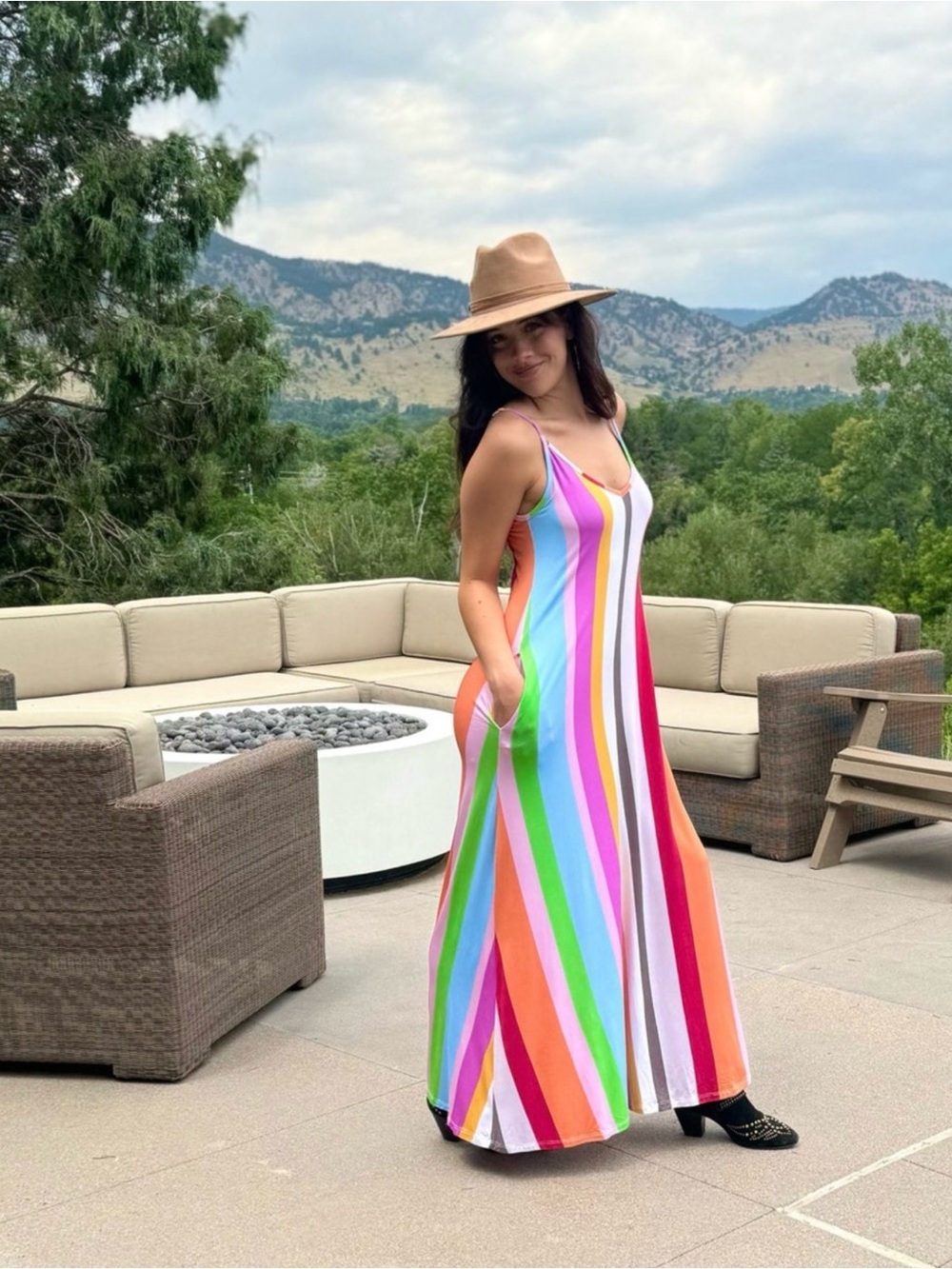 Skivy Malibu rainbow stripe goddess gown Vertical Stripe Maxi Dress with V-Neck